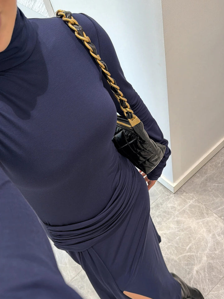 Elegant Navy Ruched Waist Slit Maxi Dress