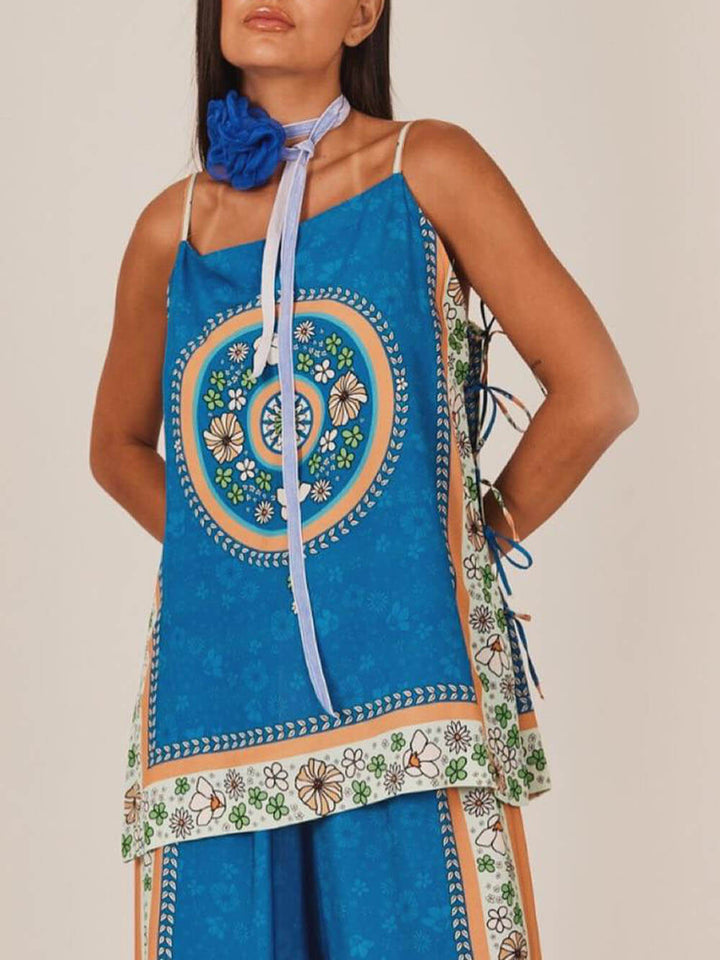 Classic Unique Floral Print Lace-Up Camisole Tops