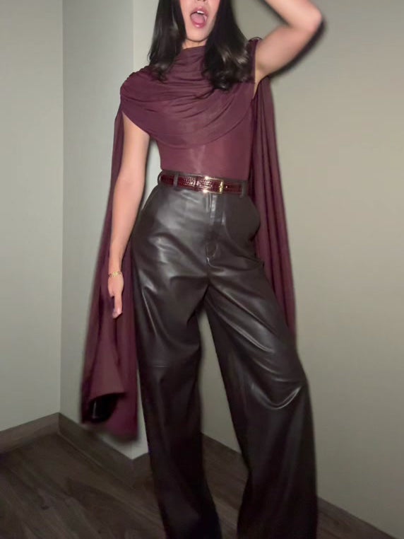 Elegant Draped Top And Wide-leg Faux Leather Pants Two-piece Set
