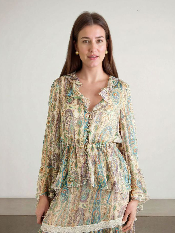 Exquisite Paisley Print Ruffle Collar Shirt