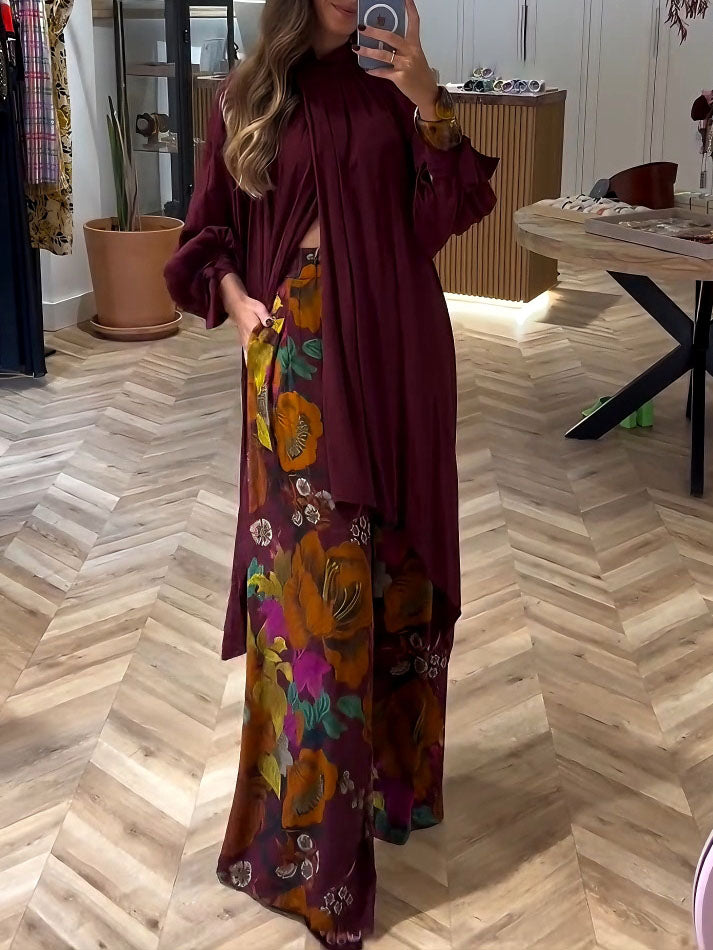 Retro Abstract Floral Print Wide-Leg Pants