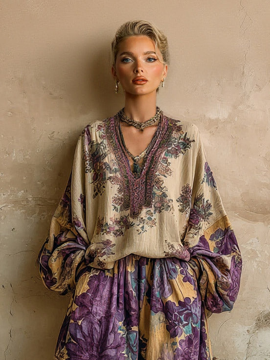 Retro Floral Print Elastic Waist Wide-Leg Pants