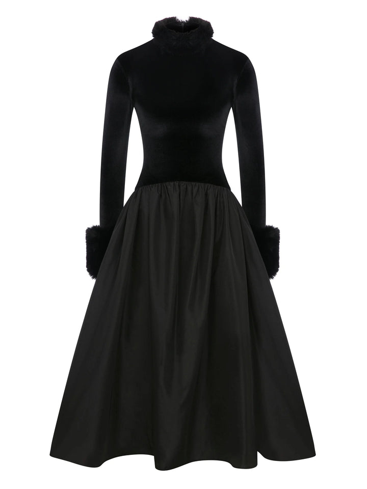 Elegant Velvet High-Neck Faux Fur Cuff Midi Dress