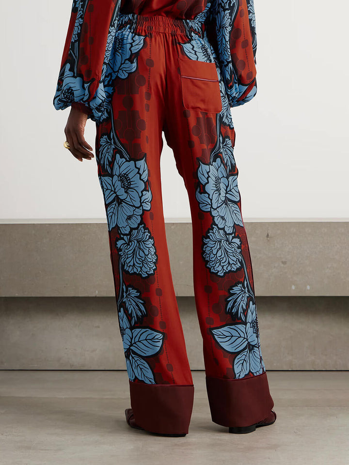 Unique Color-Block Print V-Neck Satin Loose Shirt