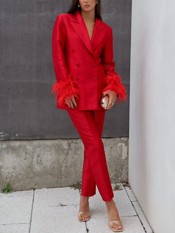 Elegant Satin Feather-embellished Double-breasted Blazer