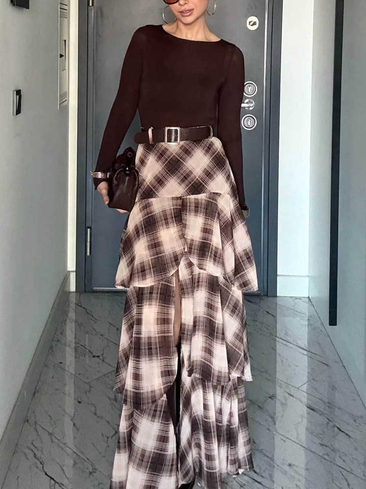 Retro Plaid Layered Ruffle Skirt Two-piece Set