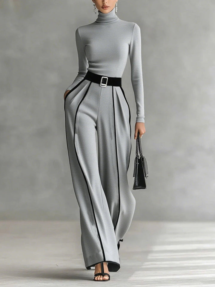 Elegant High Neck Slim Fit Long Sleeve Top Two-Piece Set