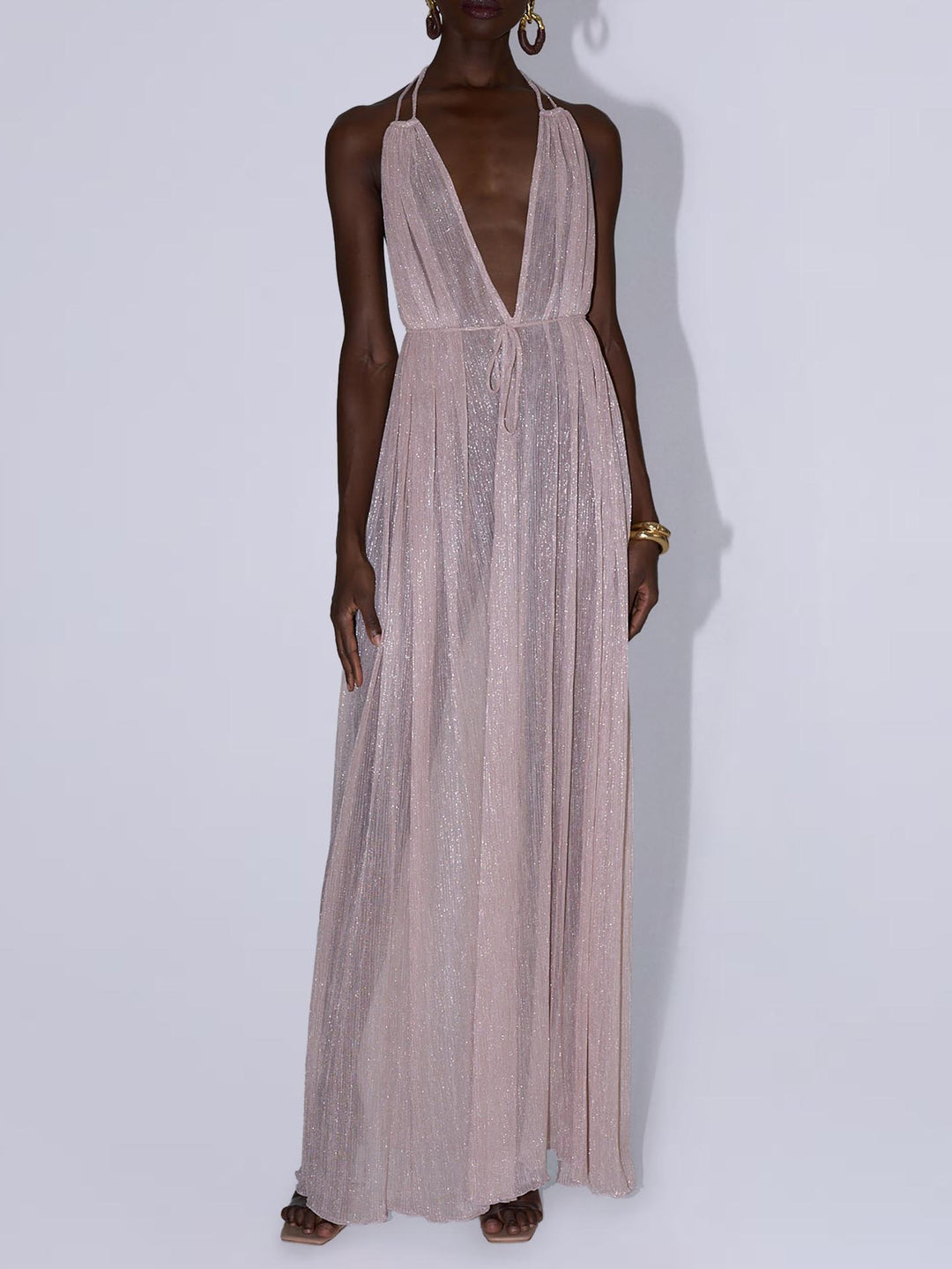 Elegant Tulle Pleated Evening Gown Maxi Dress