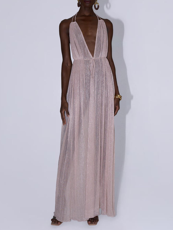 Elegant Tulle Pleated Evening Gown Maxi Dress