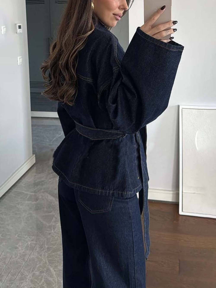 Classic Fashion Workwear-Style Denim Button-Up Long Sleeve Pocketed Collar Jacket