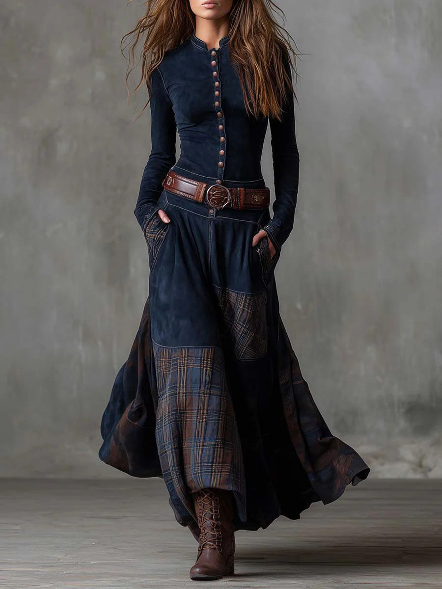 Retro Plaid Patchwork Maxi Dress