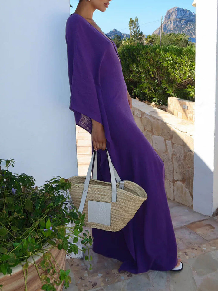 Bohemian Linen V-Neck Open-Back Loose Maxi Dress