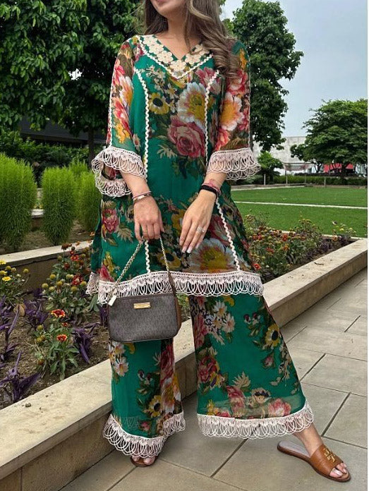 Elegant Floral Print Lace-Trim Long Shirt