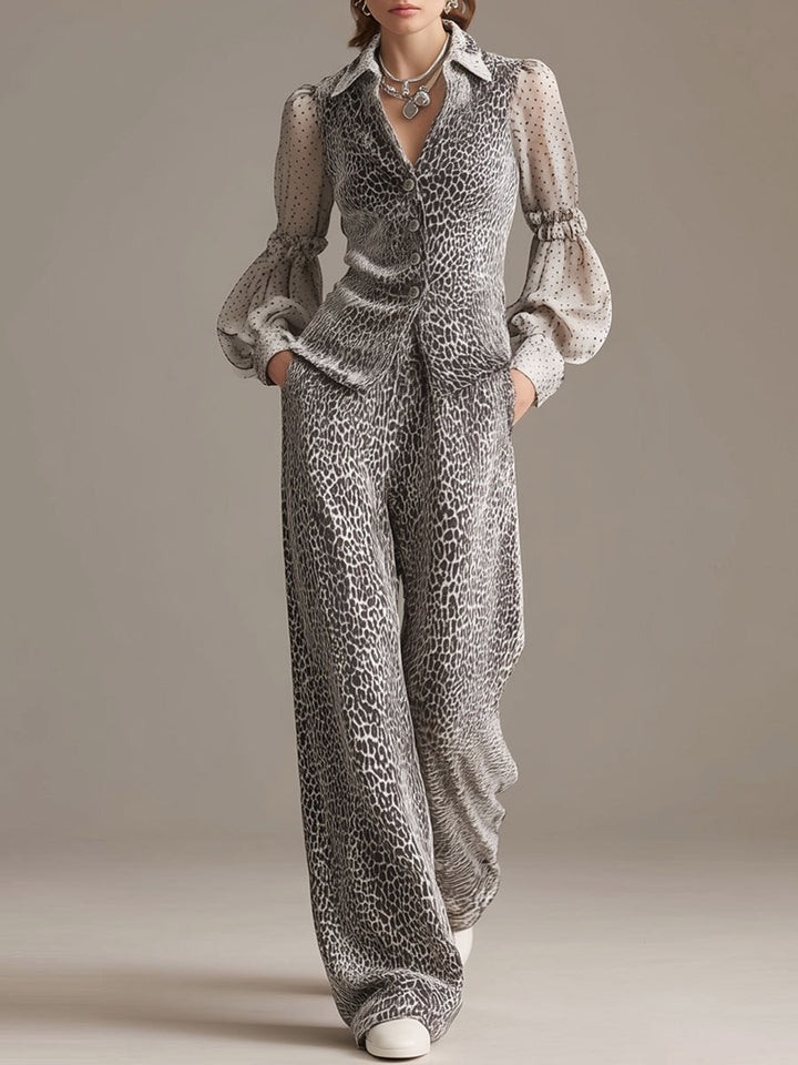 Retro Chiffon Sleeve Leopard Print Top & Wide-leg Pants Set