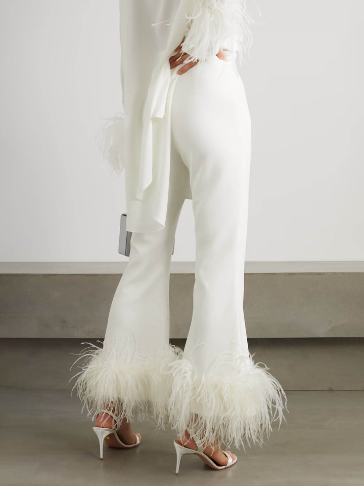 Elegant Satin Feather-trimmed Shirt Two-piece Set
