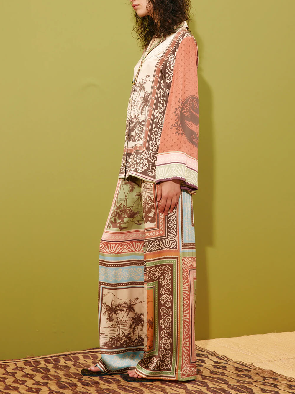 Unique Satin Floral Print Elastic-Waist Wide-Leg Pants