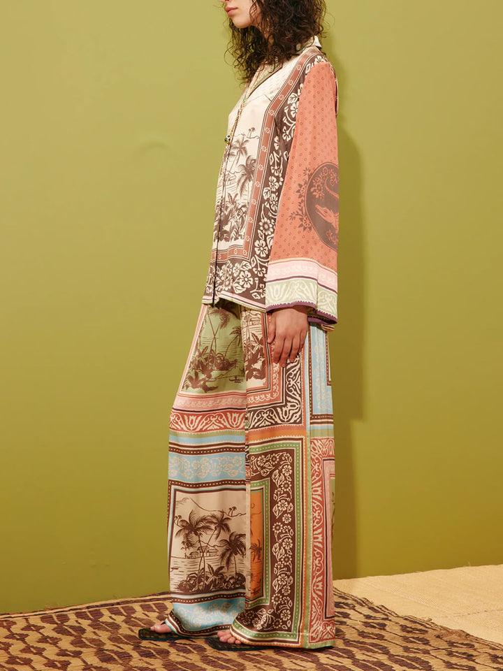 Unique Satin Floral Print Elastic-Waist Wide-Leg Pants
