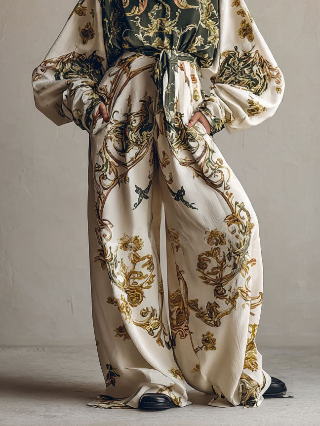 Retro Baroque Floral Print Shirt Two-Piece Set