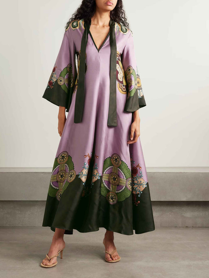 Retro Sophisticated Satin Floral Print Maxi Dress