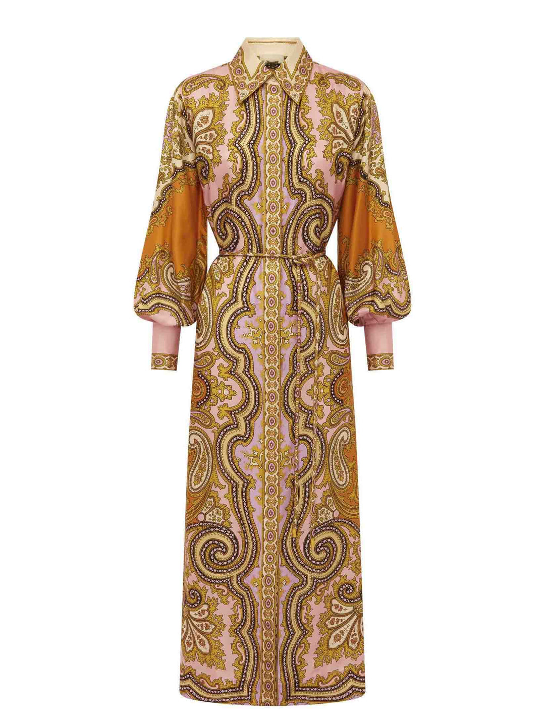 Exquisite Satin Unique Paisley Print Button Maxi Dress