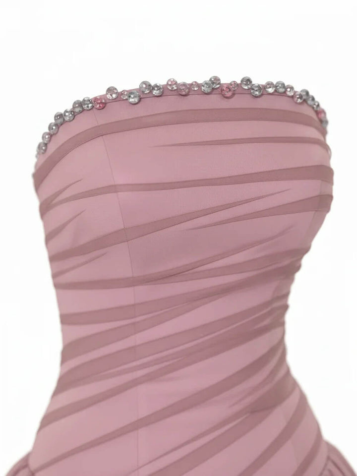 Exquisite Rhinestones Mesh Satin Strapless Sleeveless A-Line Maxi Dress