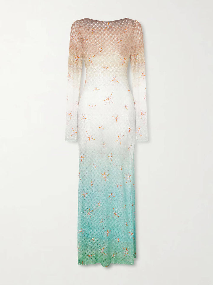 Sexy Backless Gradient Embroidered Metal Hook Crochet Maxi Dress