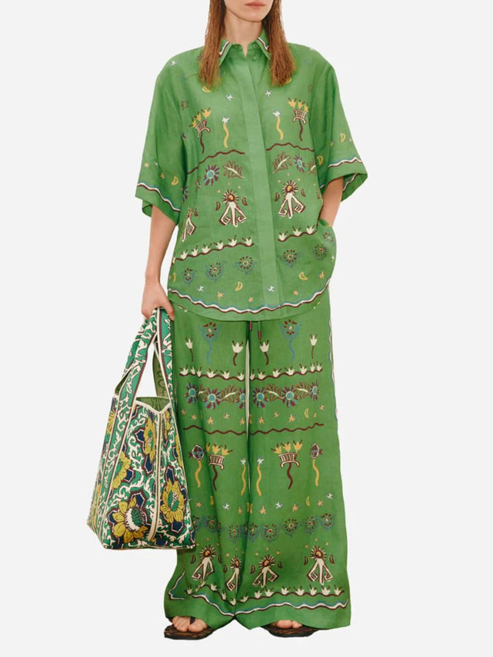Unique Casual Sunny Dancer Print Button-Up Shirt Fitted Waist Loose Wide-Leg Pants Set