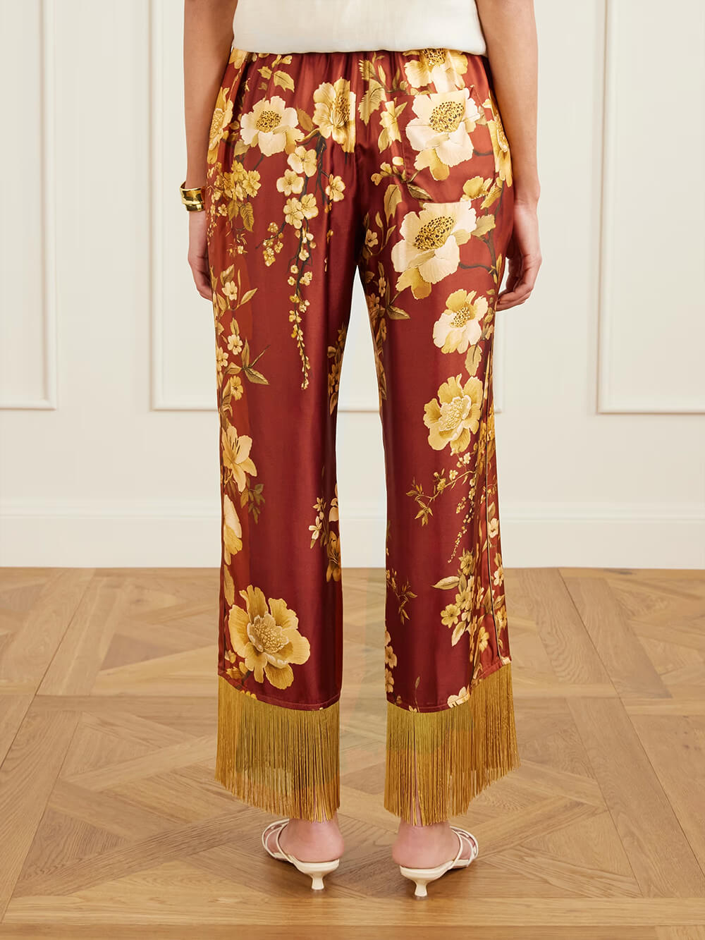 Exquisite Tassel Floral Print Satin Twill Wide-Leg Pants
