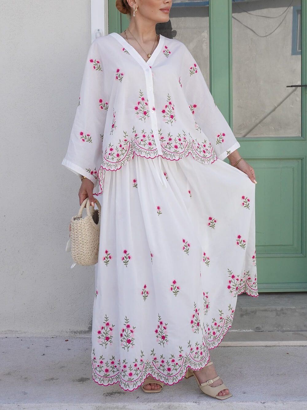 Delicate Floral Embroidered Ruffle Blouse