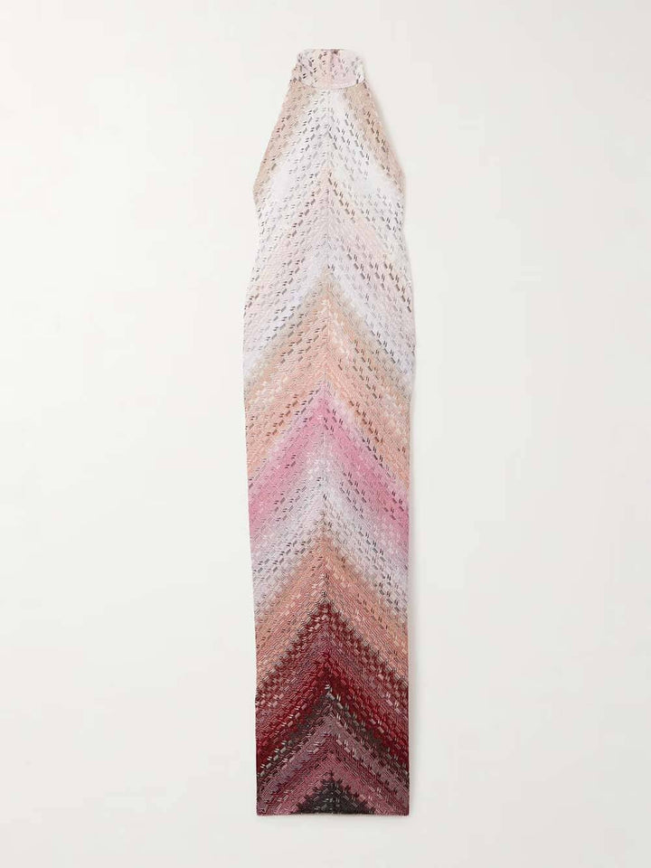 Retro Metallic Print Crochet Halter Maxi Dress