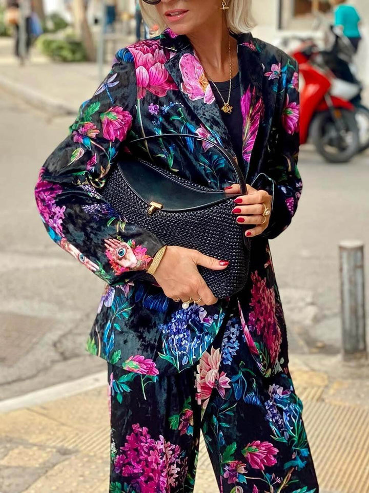 Retro Floral Print Elastic Waist Pocket Wide-Leg Pants