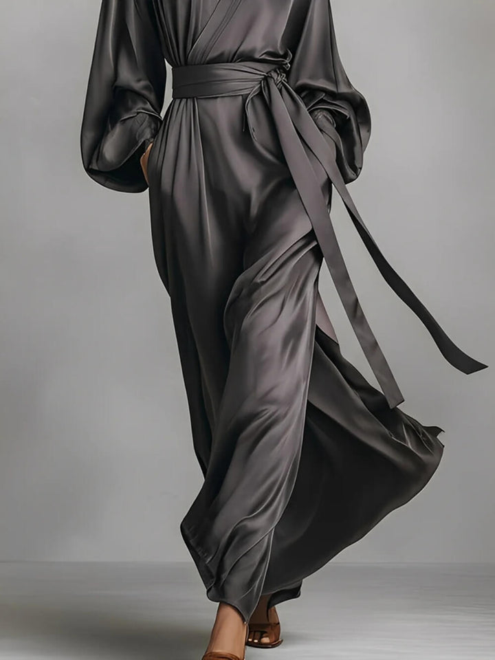 Delicate Satin Wrap V-Neck Maxi Dress