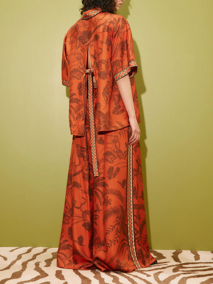 Unique Animal Print Satin Elastic Waist Side Seam Pocket Wide-Leg Pants