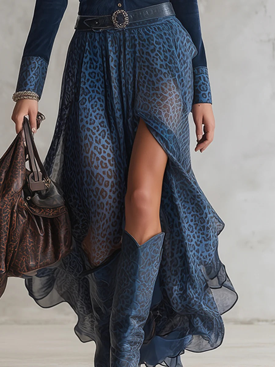Retro Leopard Print Chiffon Split Maxi Dress