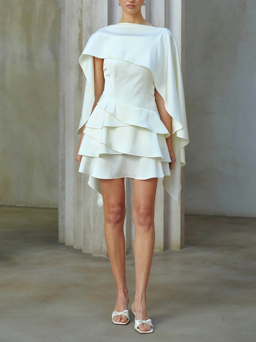 Elegant Asymmetrical Cape Ruffled Mini Dress