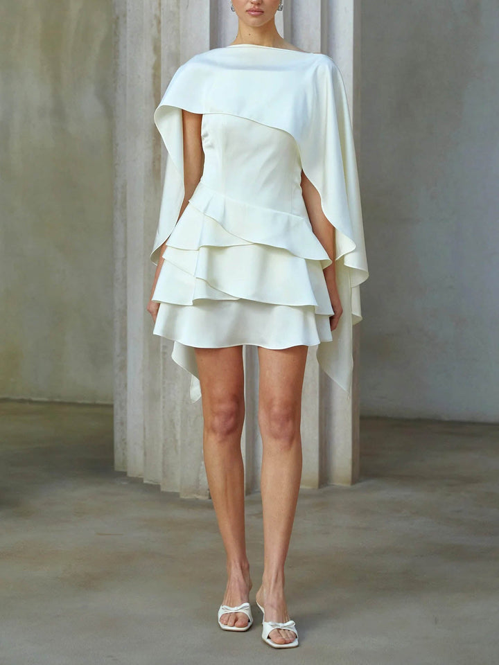 Elegant Asymmetrical Cape Ruffled Mini Dress