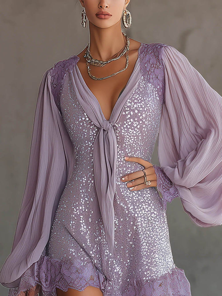 Delicate Sequined Chiffon Lantern Sleeve Lace-trimmed Mini Dress