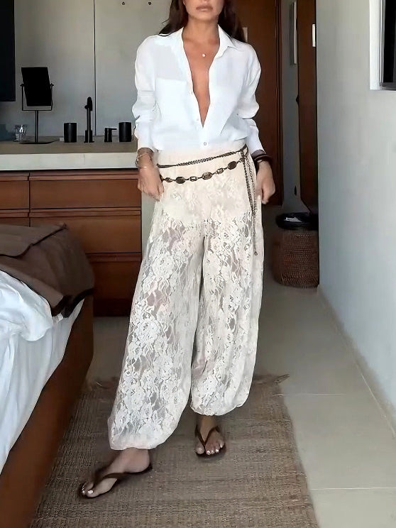 Elegant Sheer Lace High-Waist Harem Pants