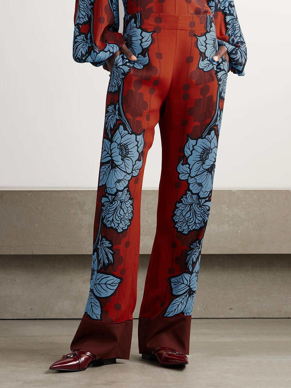 Unique Color-Block Print V-Neck Satin Loose Shirt