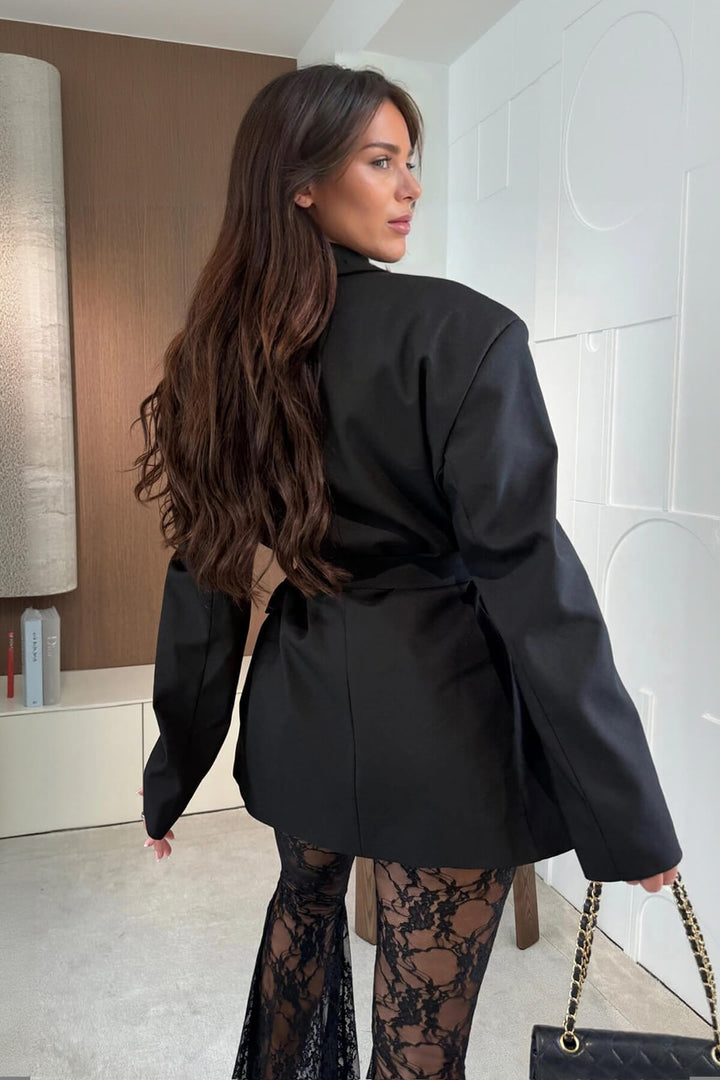 Fashion Belted Blazer with Floral Lace High-Waist Flared Pants Set