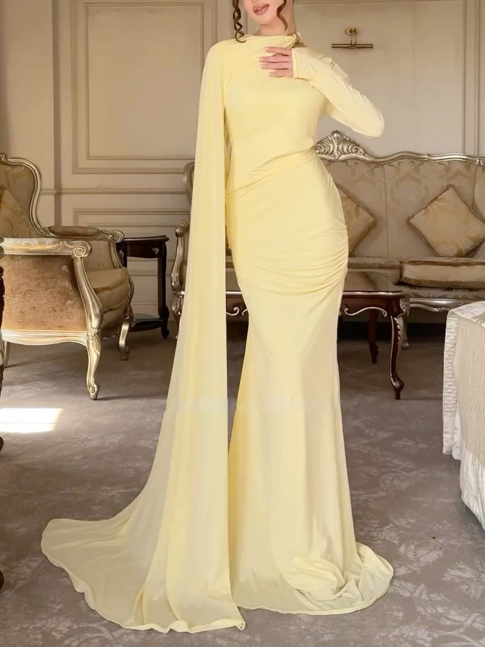 Elegant Satin Pleated Long-sleeved Maxi Dress