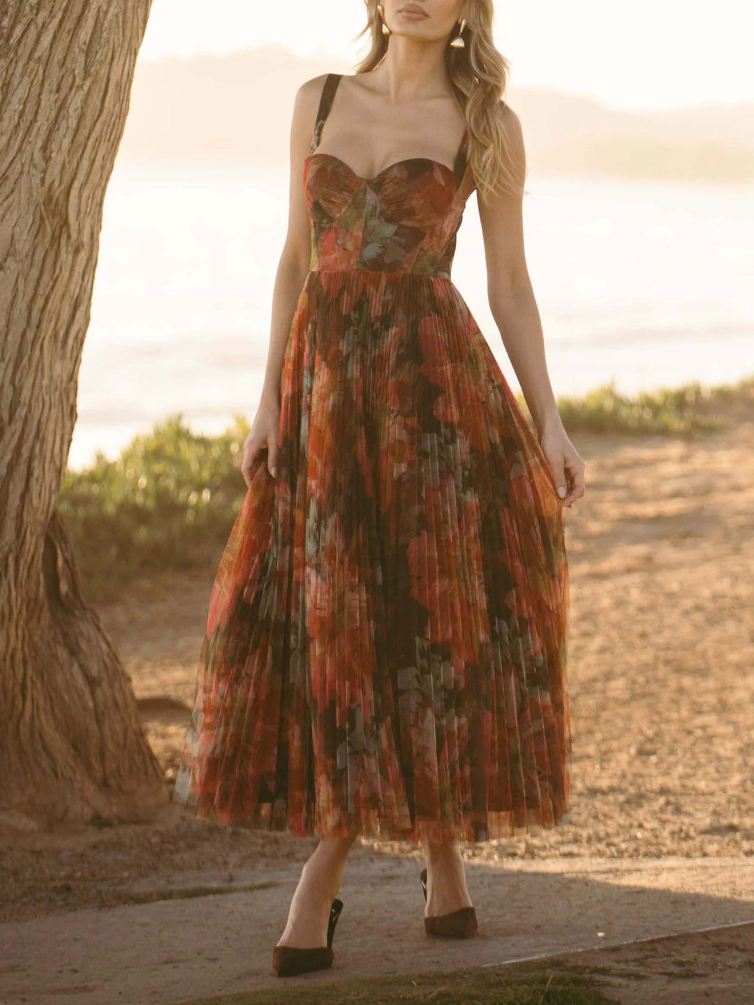 Elegant Floral-print Pleated Midi Dress