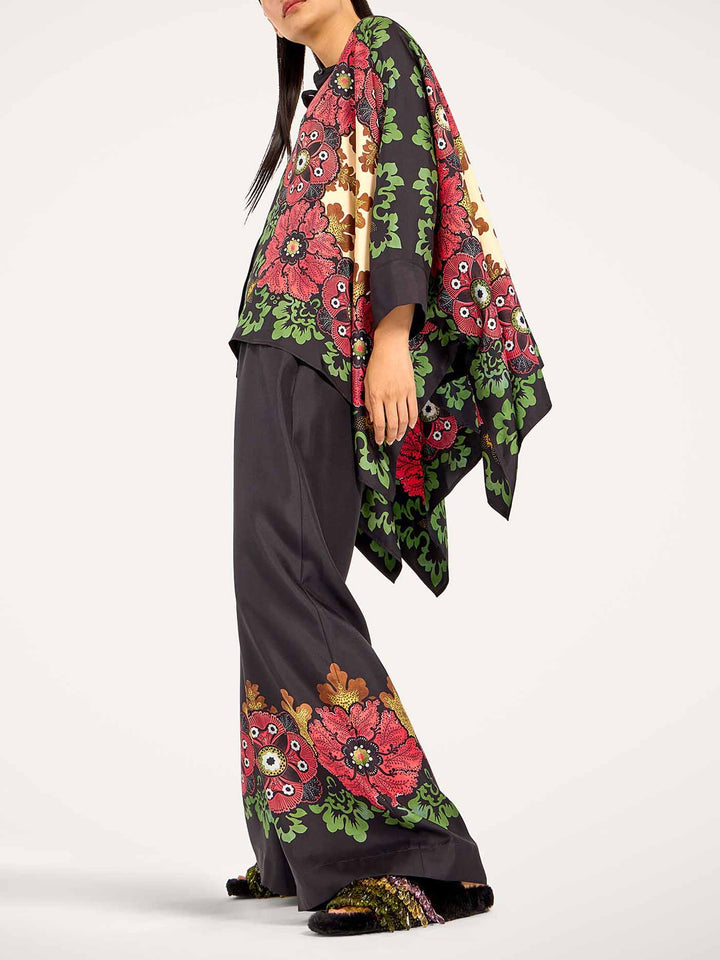 Exquisite Satin Floral Border Wide-Leg Pants