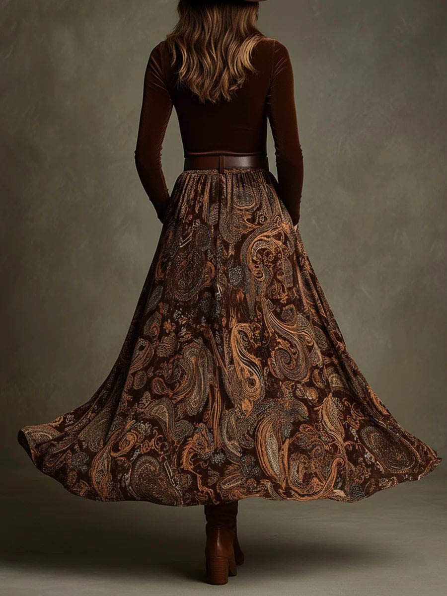 Retro Stretch Velvet Top And Paisley Print Maxi Skirt Set