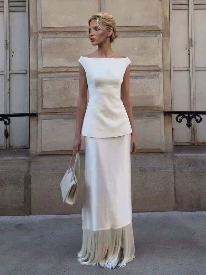 Elegant Satin Fringe Hem Skirt Two-Piece Set