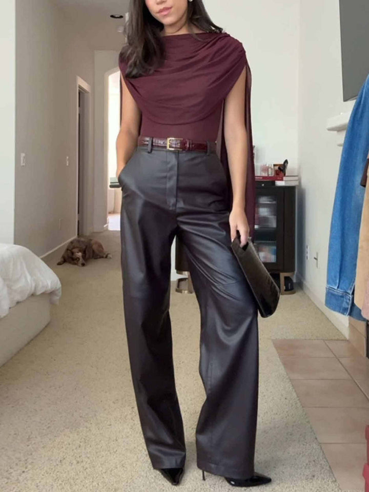 Elegant Draped Top And Wide-leg Faux Leather Pants Two-piece Set