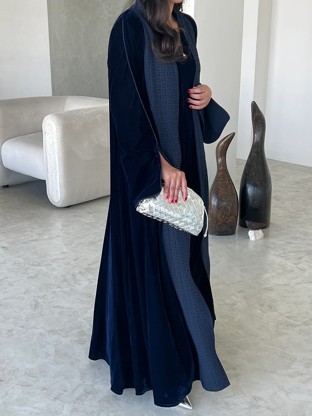 Elegant Navy Blue Printed Velvet Robe Cardigan