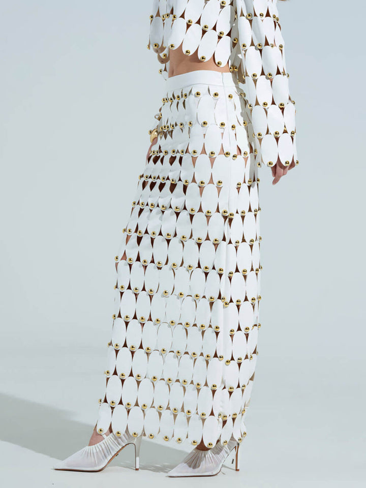 Exquisite Cut-Out Studded PU Maxi Skirt