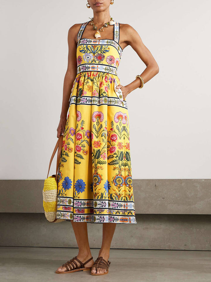 Unique Satin Floral Print Racerback With Pockets Midi Dress