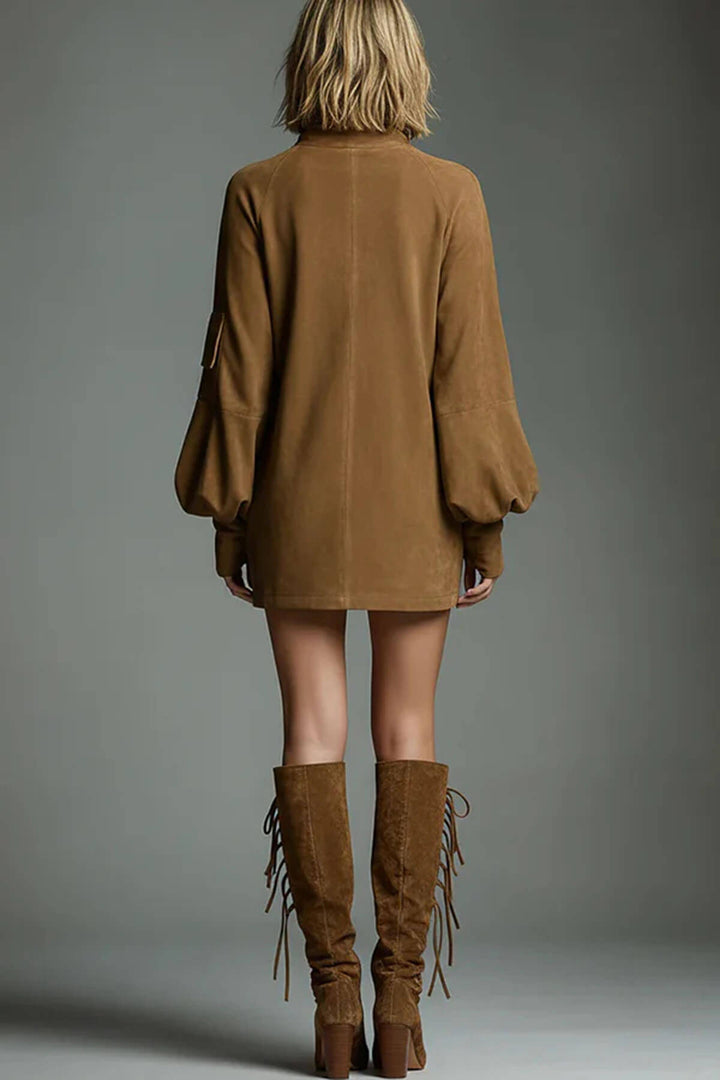 Retro Stylish High-Neck Long-Sleeved Casual Pocket Mini Dress